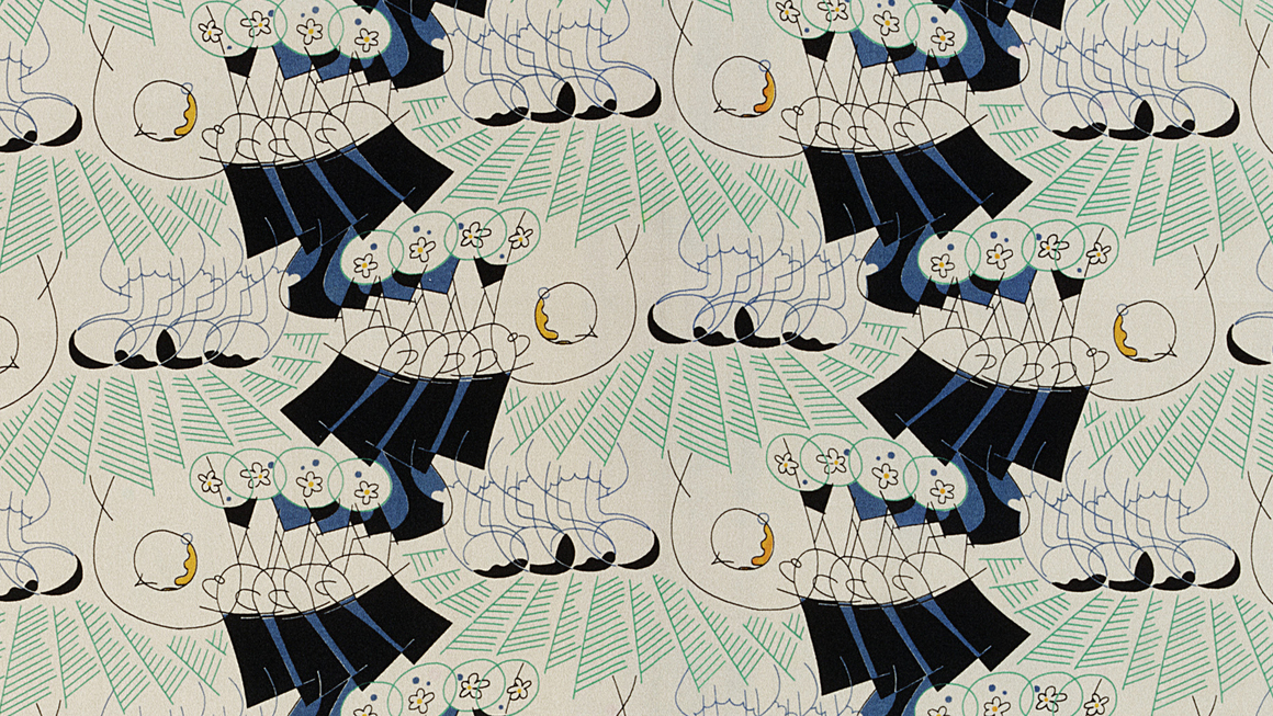 Ralph Barton. <i>Americana Print: Gentlemen Prefer Blondes</i>, 1926. Printed silk. Gift of Stehli Silks Corp., 1927. Image © The Metropolitan Museum of Art. Image source: Art Resource, NY.