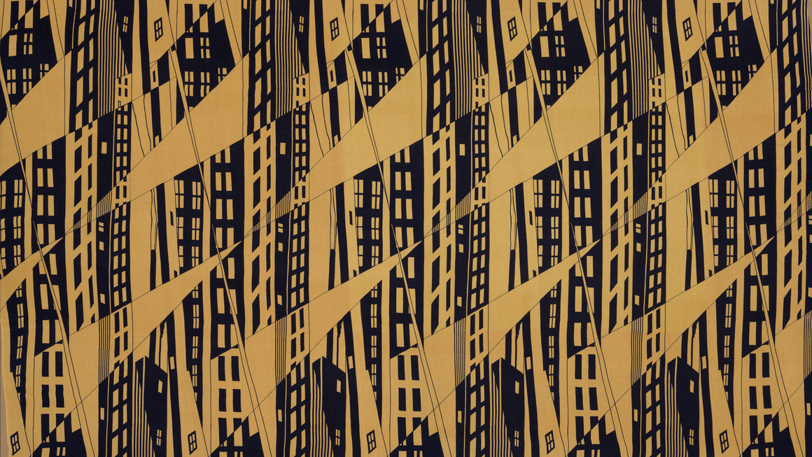 Clayton Knight. <i>Americana Print: Manhattan</i>, 1925. Printed silk. Gift of Stehli Silks Corp., 1927. Image © The Metropolitan Museum of Art. Image source: Art Resource, NY.