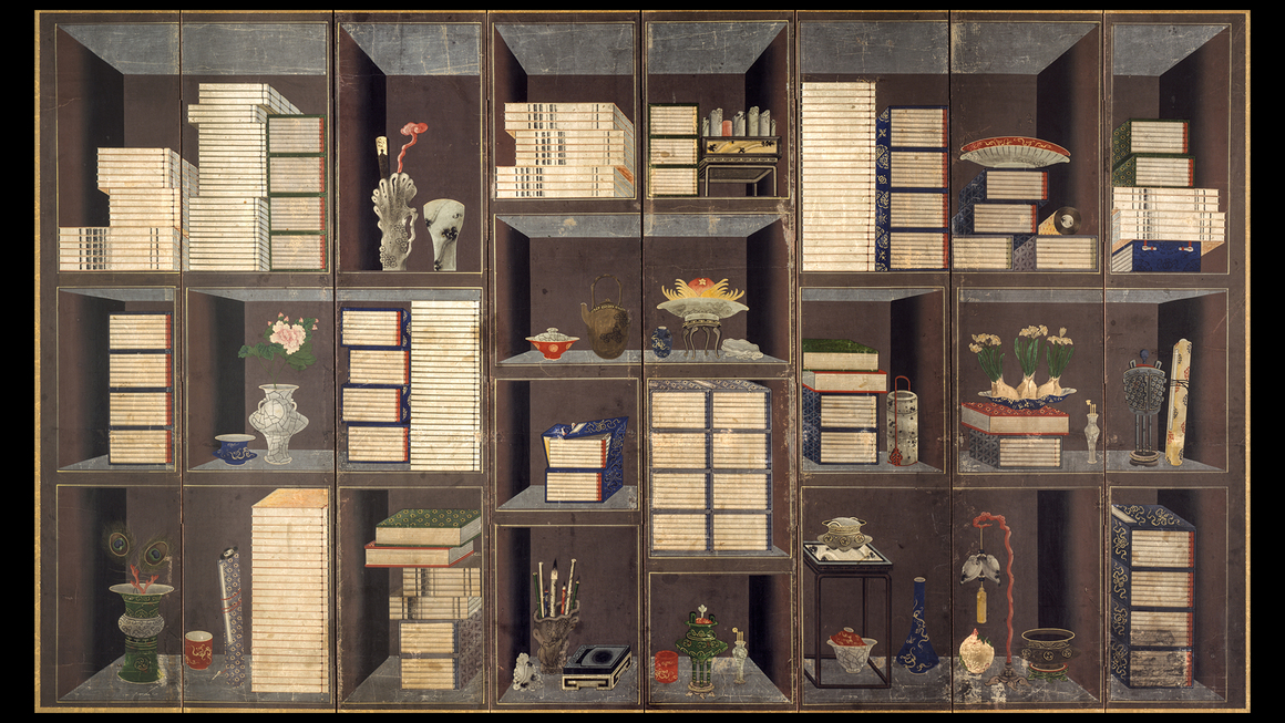 Yi Eungrok. <i>Books and Scholars’ Possessions (chaekgeori)</i>, c. 1860–1874. Ink and color on paper. Courtesy of Asian Art Museum. 