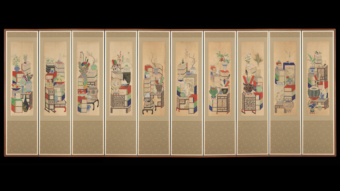 <i>Books and Scholars’ Possessions</i>, c. early 20th century. Ten-panel folding screen; ink and color on silk. Courtesy of The Metropolitan Museum of Art. Purchase, Shelby White Gift, 2005.