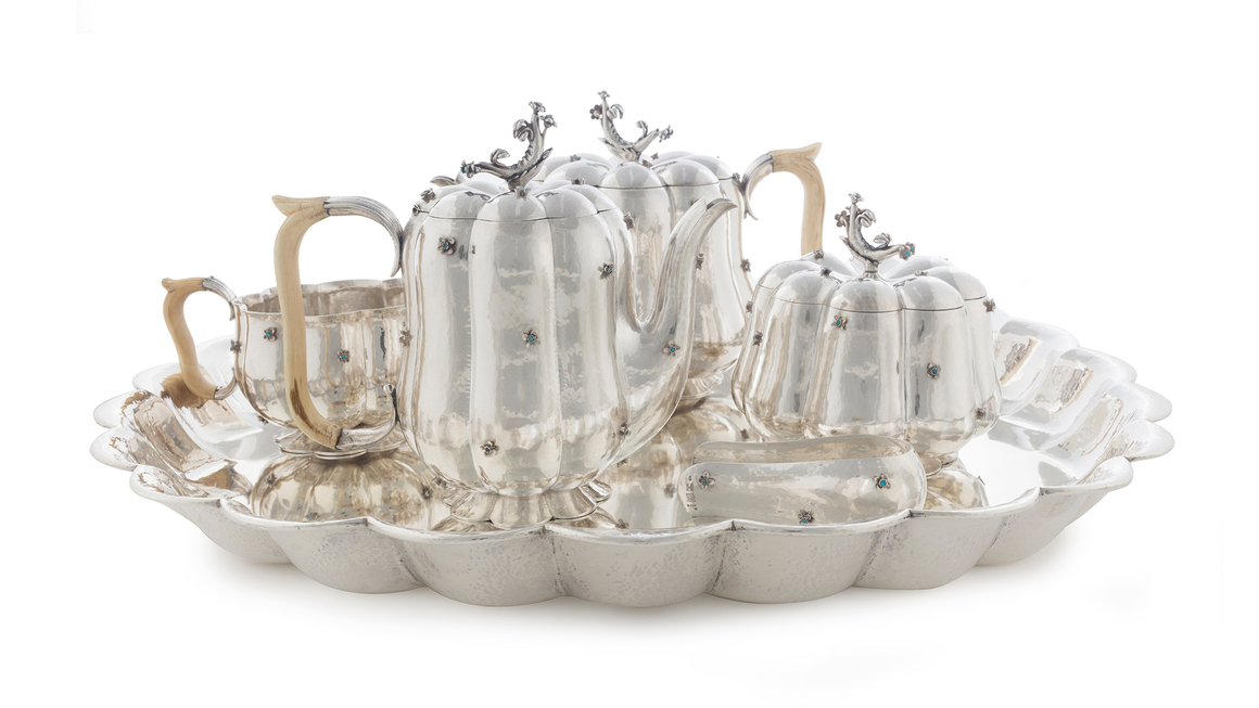 Dagobert Peche. Tea and coffee service, 1922-23. Silver, ivory, turquoise. Photography by Hulya Kolabas. Courtesy Neue Galerie New York. 